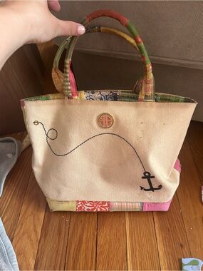 Lilly Pulitzer Canvas Anchor Tote Bag in Cream with Pink Patchwork Accents